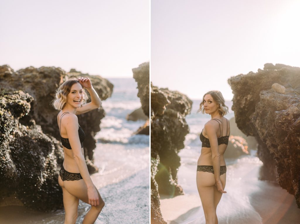 girl walking on beach in lingerie for laguna beach boudoir session