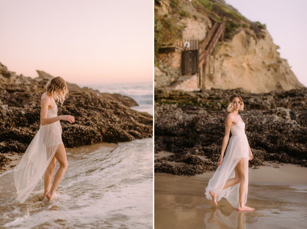 girl running on beach into sunset for laguna beach boudoir session