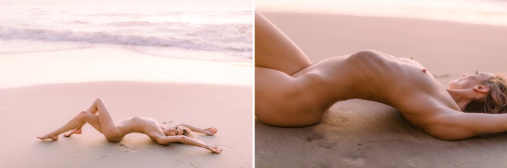 girl lays nude on the beach for laguna beach boudoir session
